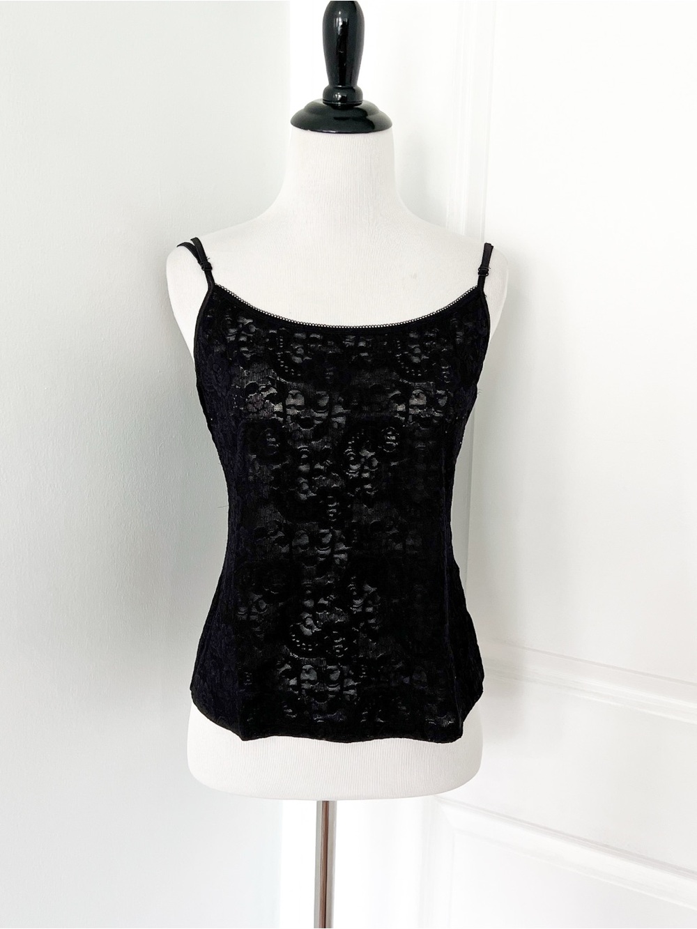 Morgan Taylor Black Sheer Lace Camisole with Slim Straps - Large